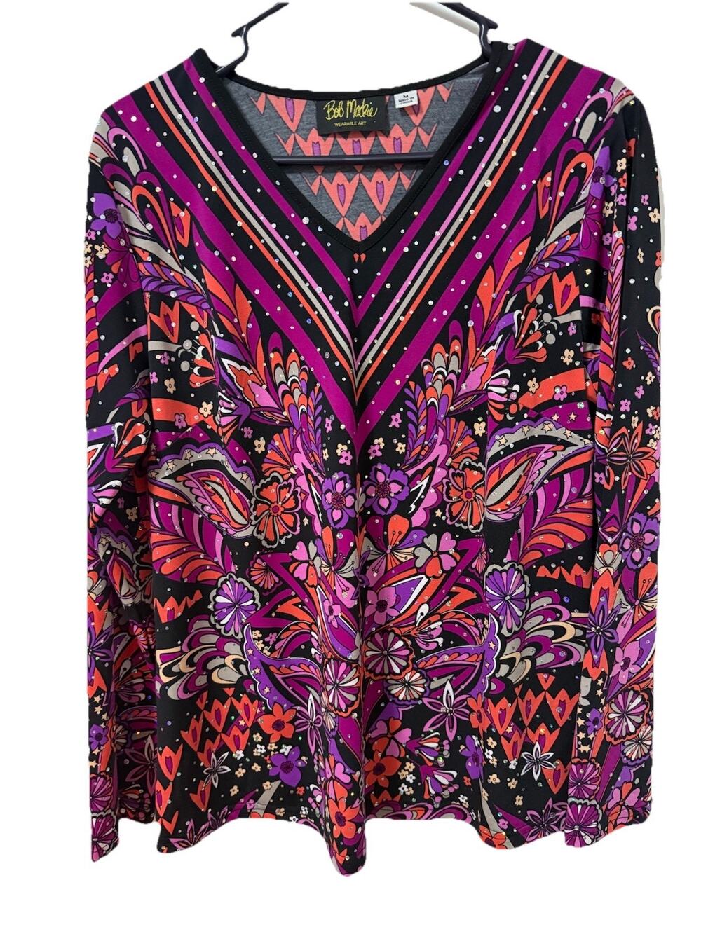 BOB MACKIE Wearable Art Women’s Blouse Floral Sequin Embellished Top Medium